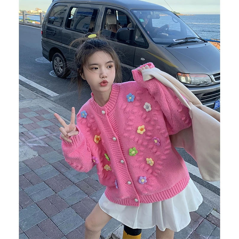 

Faionable Heavy Work 3D цветочный свитер Jaet осень-зима свободный сладкий вязаный длинный топ све женская одежда