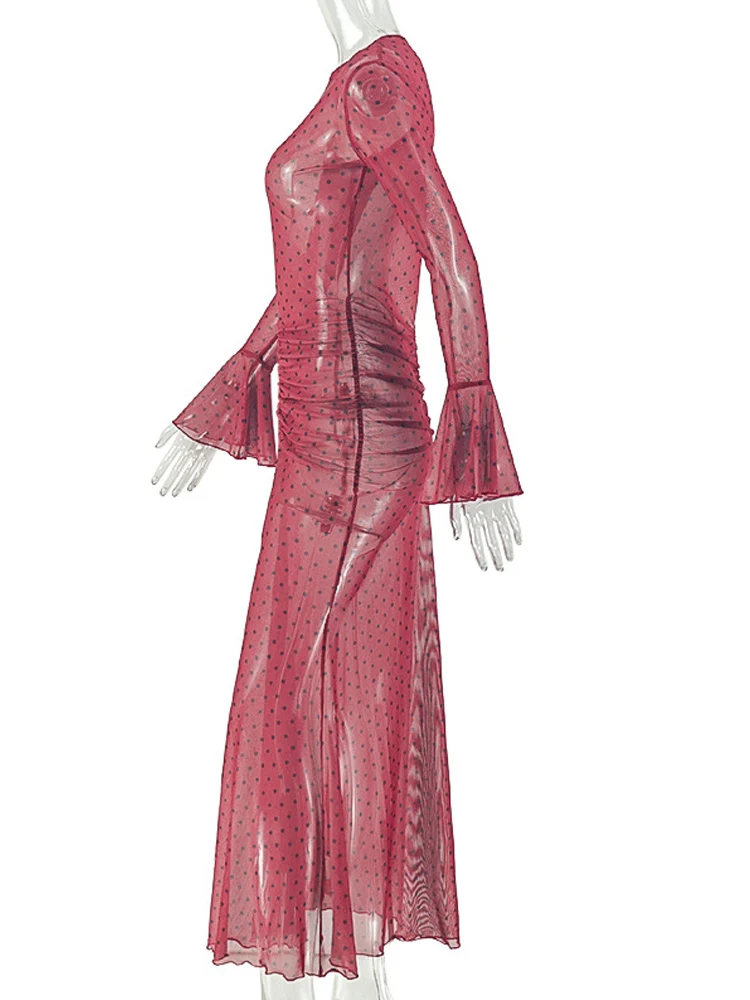 Beyprern Women's Red Polka Dot Sheer Mesh Ruched Maxi Dress Sexy Print Flare Sleeves Bodycon Evening Clubwear Gown