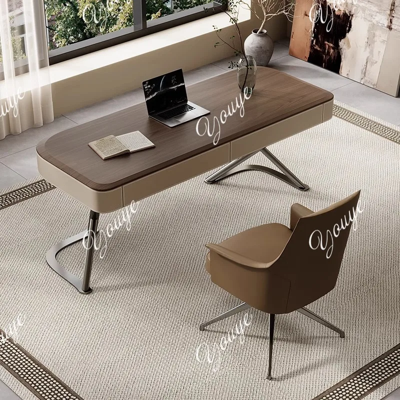 Solid wood desk Modern minimalist home Living room Study light luxury office workbench Saddle leather