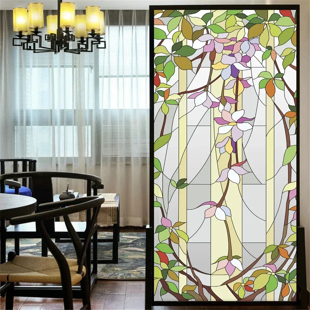 No Glue Privacy Windows Film Orchid Flower Stained Glass Window Stickers  Decorative Frosted Window Films Window Coverings