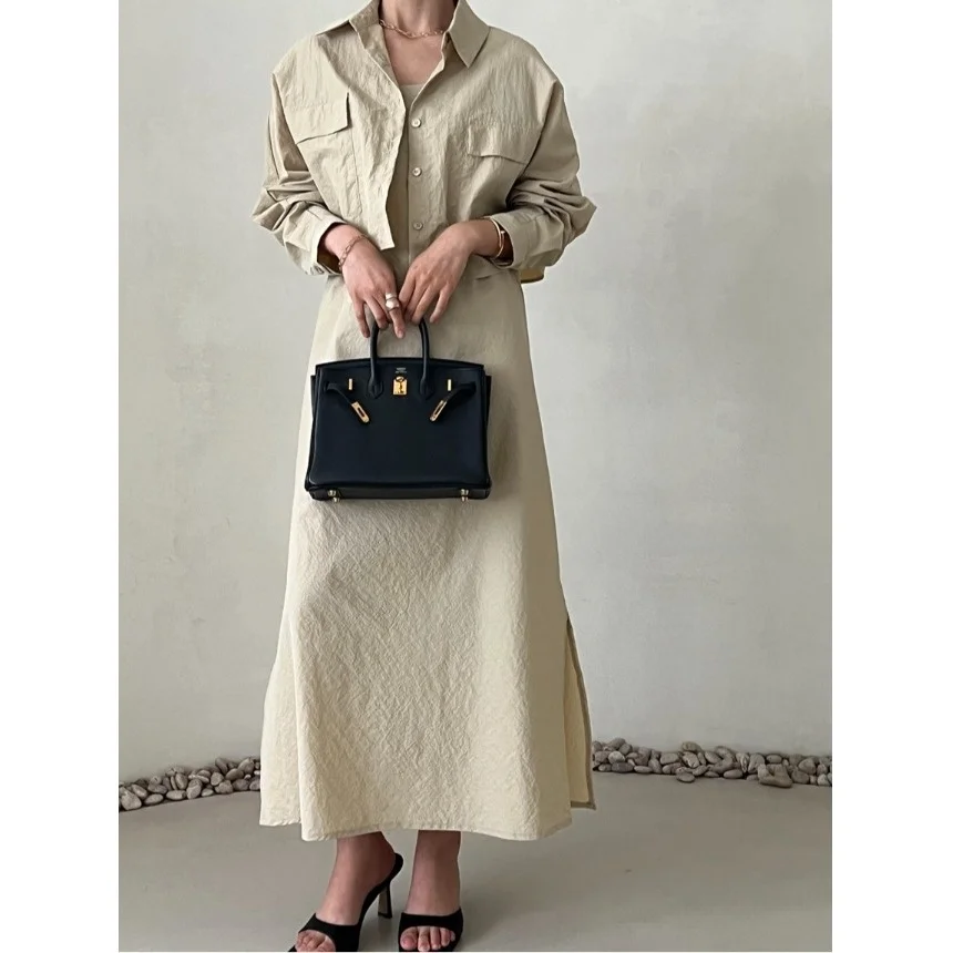 

Spring Summer 2026 Women's Casual Style Long Sleeve Slim Fit Short Shirt And Halter Dress Two Piece Set High Waist Loose Fit
