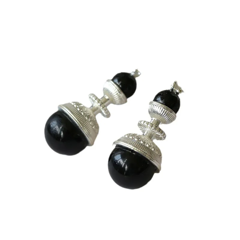 Black agate round earrings for female simple minority design ethnic style 925 silver ear needle