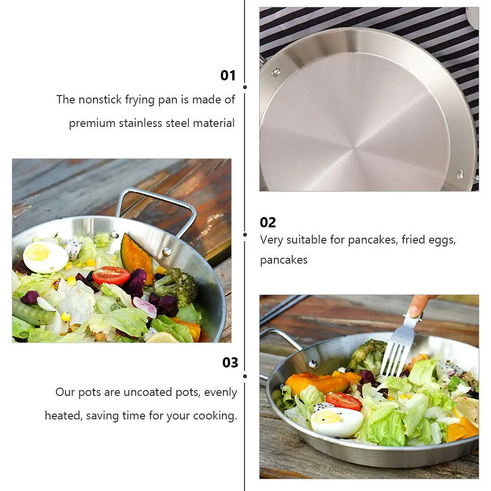 

1Pcs Binaural Stainless Steel Frying Pan Nonstick Household Low-Edge Cooking Pan Pancakes Eggs Grilled Meat Kitchen Supplies