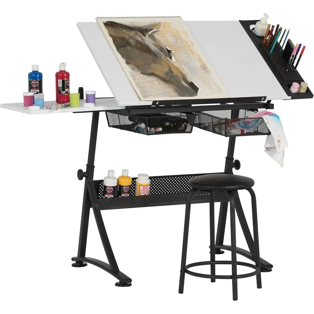 Adjustable Height Desk with Stool, Charcoal and White Top