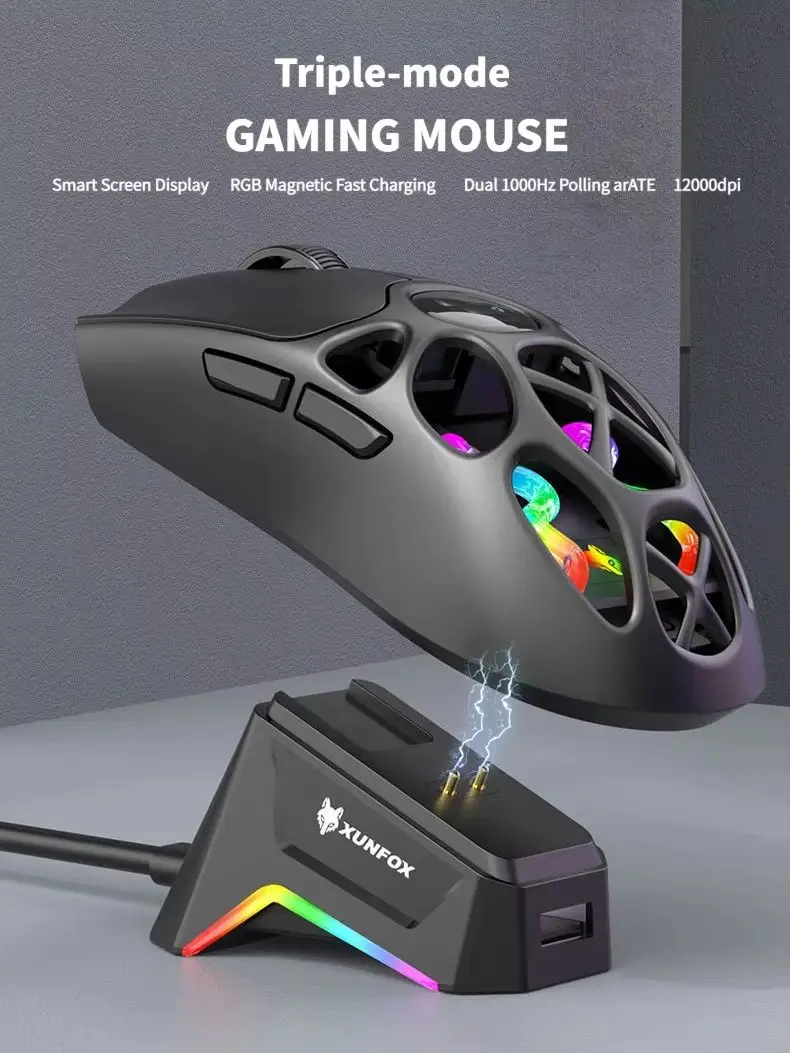 NexusClick H16PRO Kabellose Maus, Drei-Modus-Verbindung 2,4GHz/ Kabelgebunden/Bluetooth 1000HZ 12000DPI RGB Magnetische Ladestation Maus