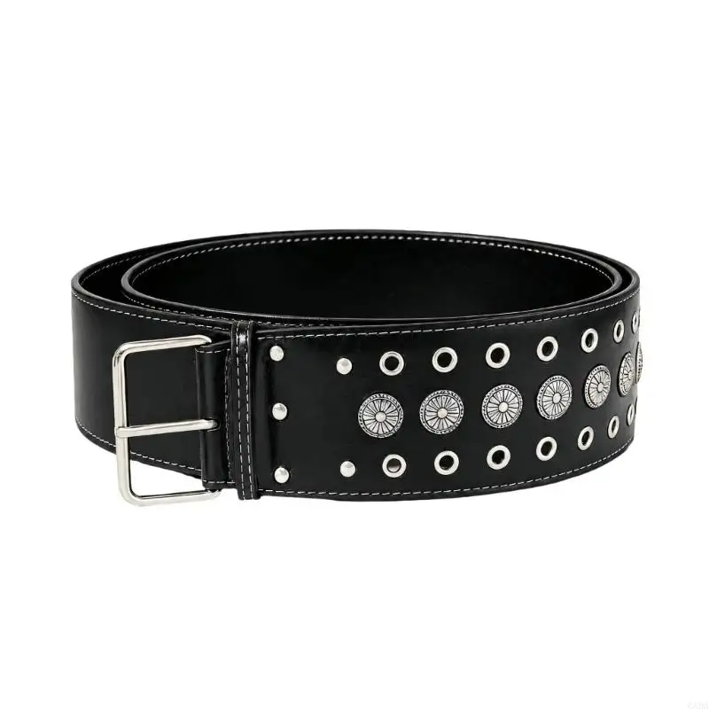 Distressed Leather Studded Belt with Engraved Round Medallions, Metal Accents and a Grommeted Adjustable Closure 6XDA