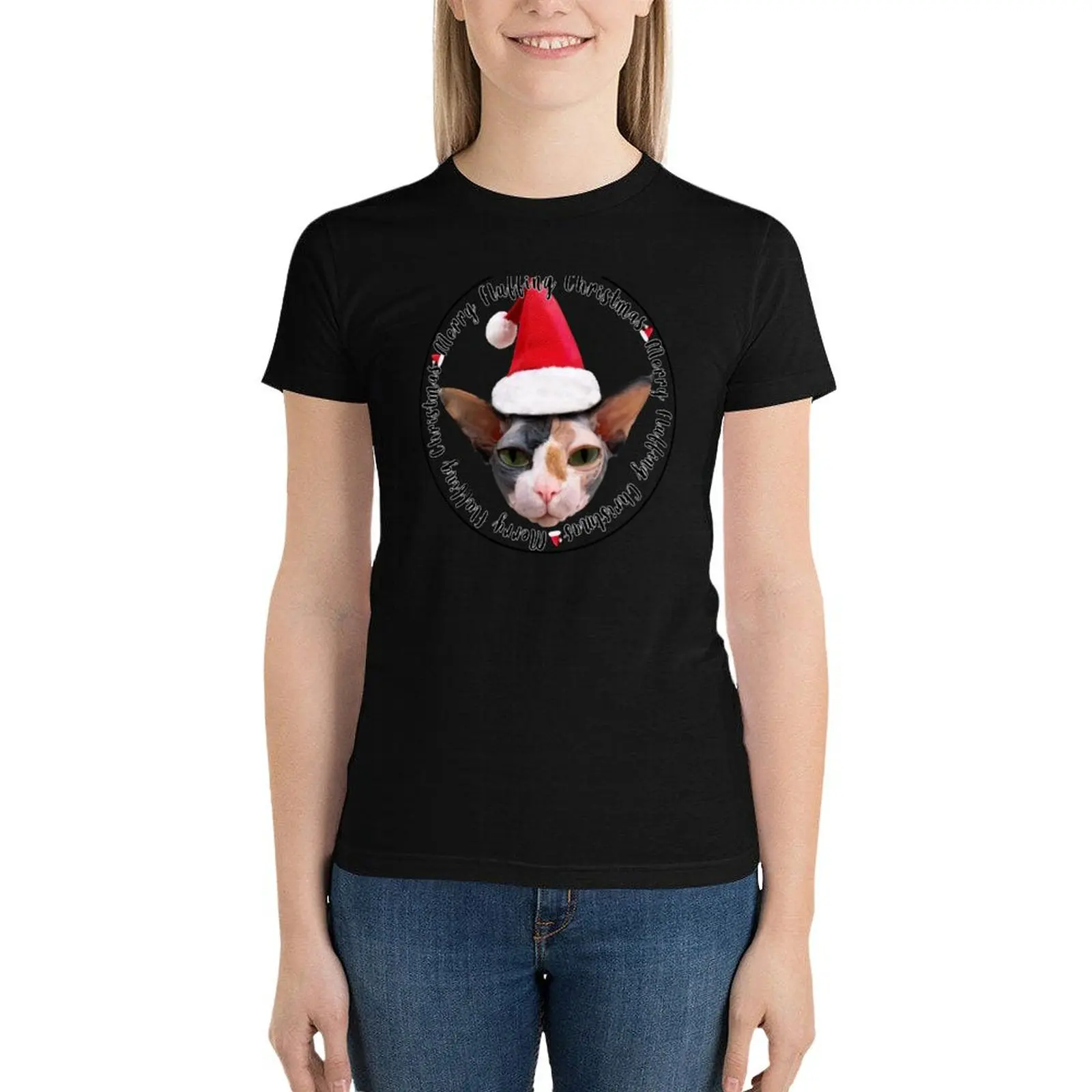 Vrolijk Fluffing Kerst-Sphynx Kat T-Shirt Vrouwelijke Kleding Zomer Top Schattige Tops Kleding Voor Vrouw