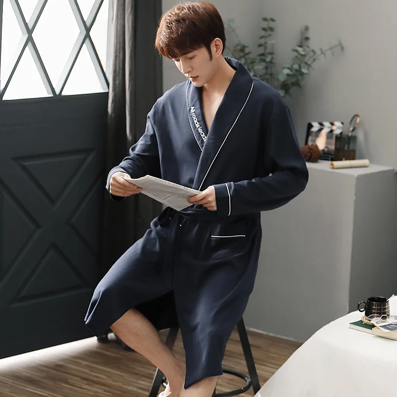 Men 100% Cotton Sleepwear Kimono Gown Lapel Casual Long Sleeve Nightwear Mid Length Soft Winter Autumn Home Clothes Lounge Wear