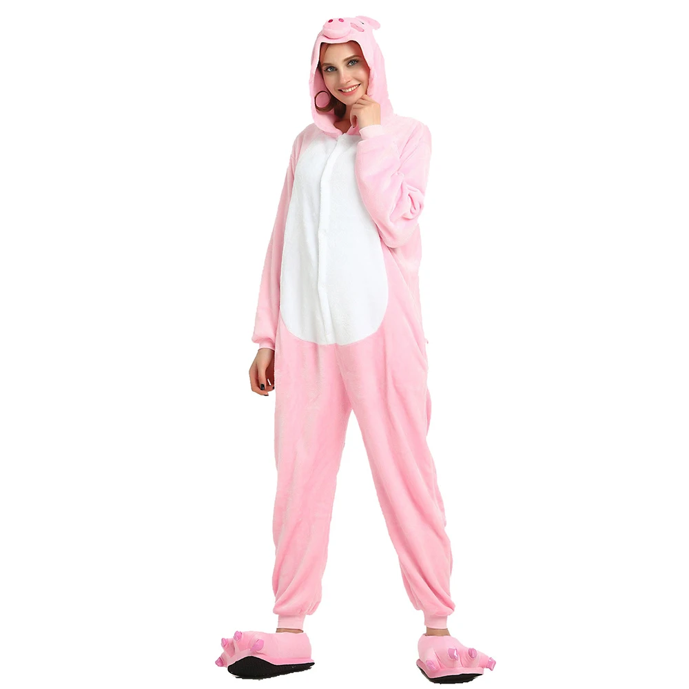 Family Pink Animal Cartoon Winter Pajamas Polyester Warm Length To The Floor Cute Cosplay Sleepwear Halloween Costume