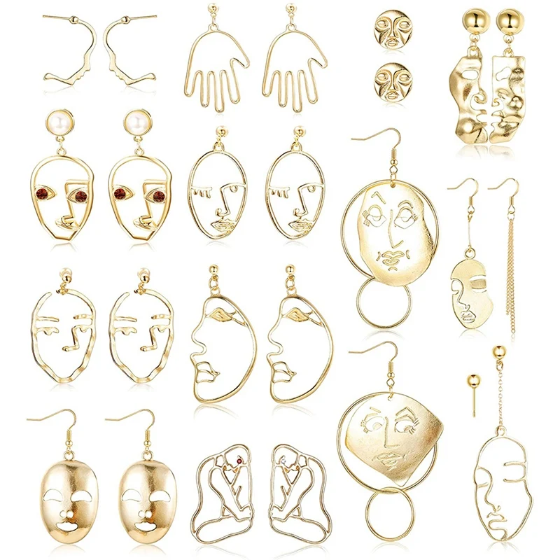 13Pairs Face Statement Earrings Hollow Face Hand Shaped Drop Dangle Earrings Set Punk Style Jewelry