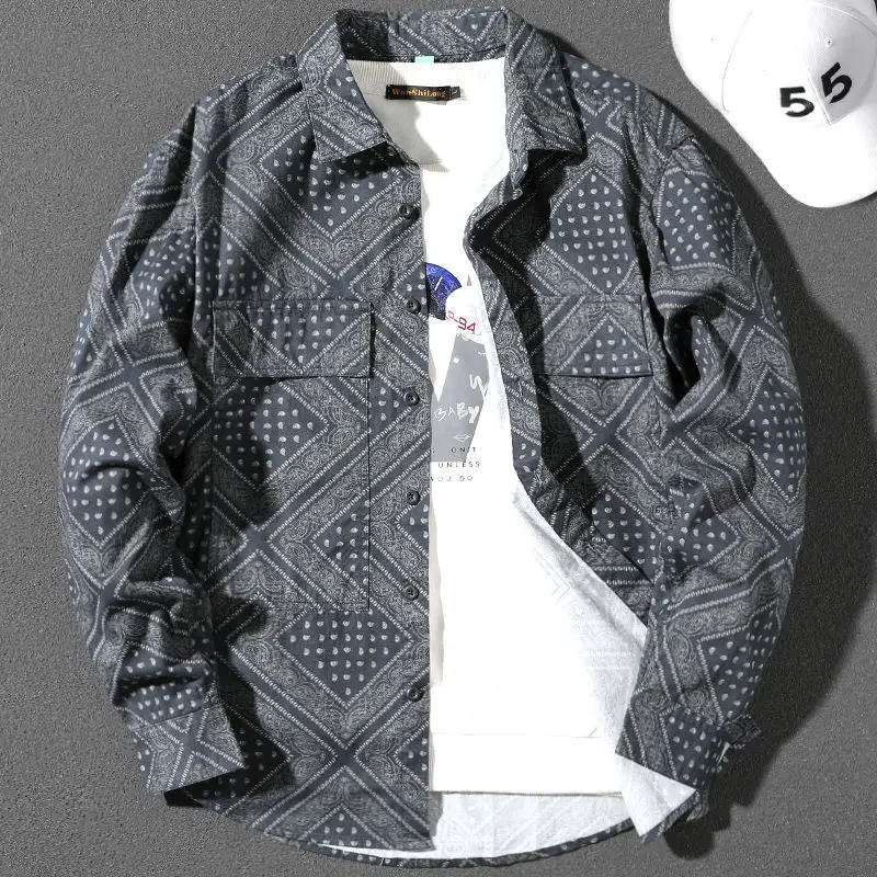 Autumn New Shirt Men's Jacket Pocket Geometric Square Collar Thin Coat Casual Button Long Sleeve Tops Hip Hop Jaqueta Masculina