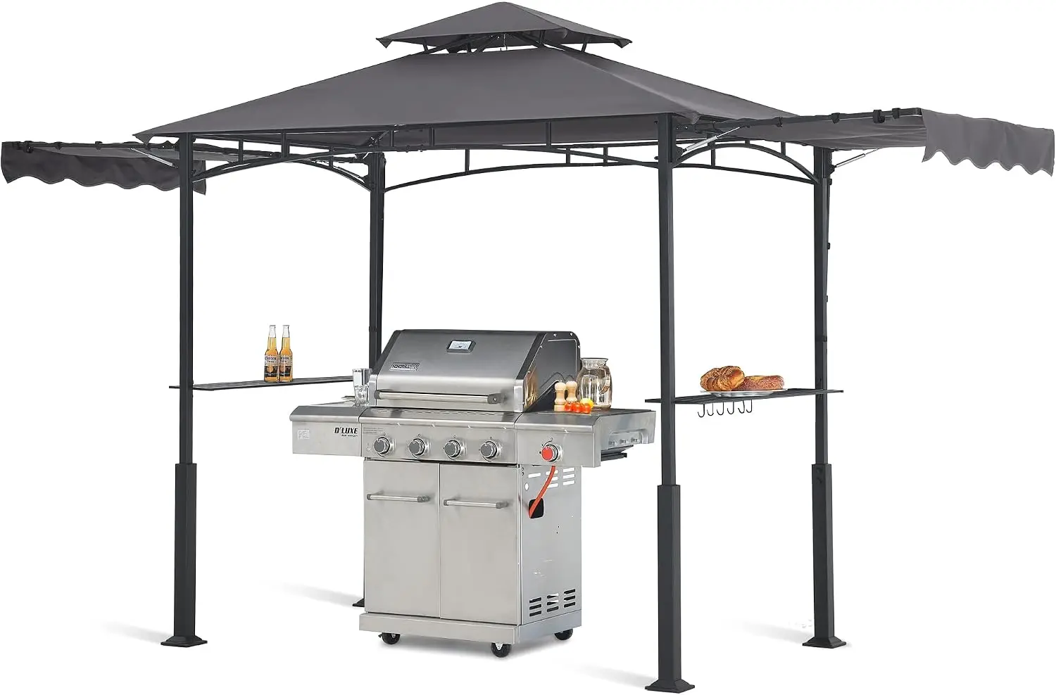 Grill Gazebo with 2 Side Awnings - 14x5 Outdoor BBQ Canopy Shelter with 2 Led Lights for Patio Backyard Grilling (Dark Gray)