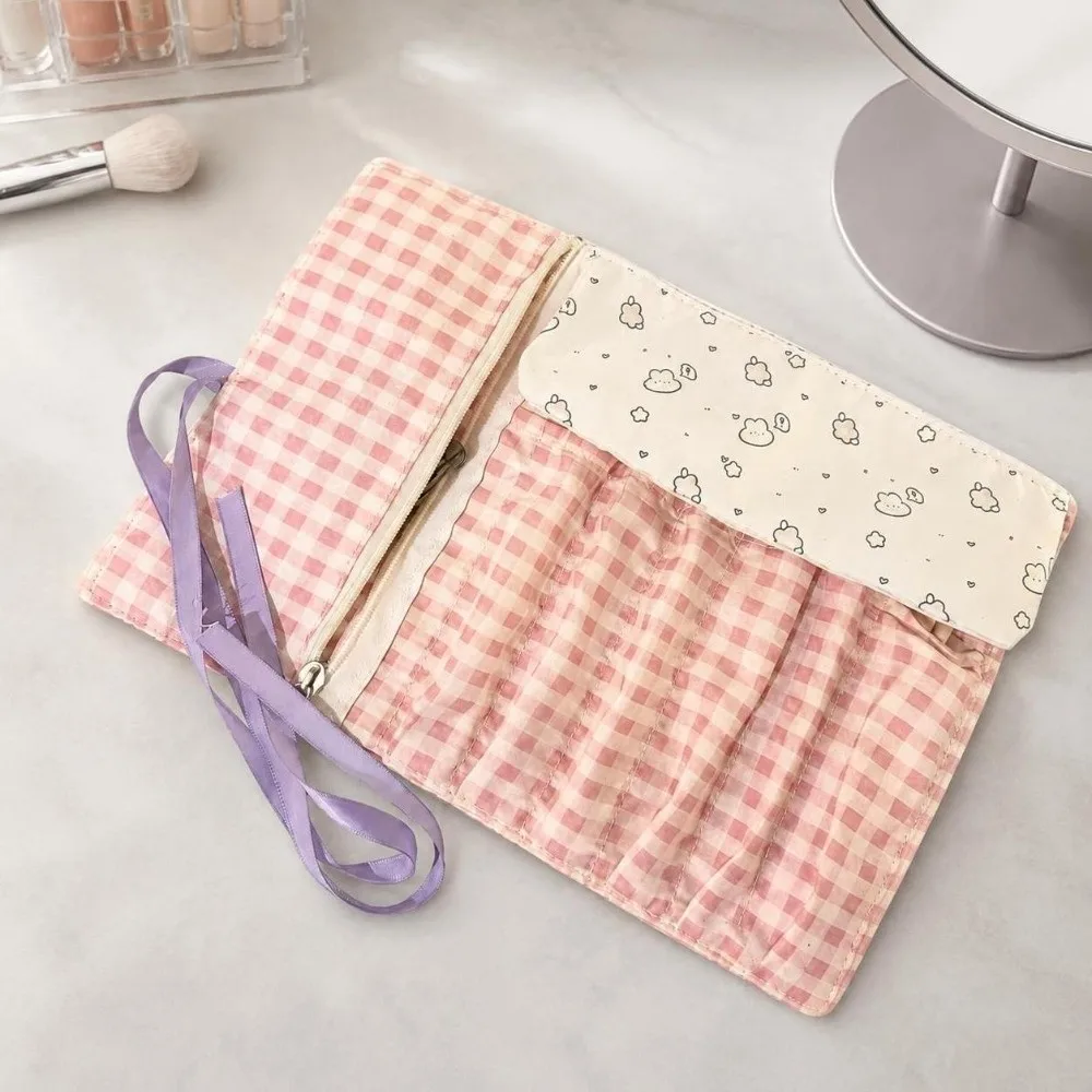 Multi-Slot Makeup Brush Roll Bag Roll-Up Ribbon-Tie Cosmetic Brush Pouch Portable Grid Pattern Brush Storage Wrap