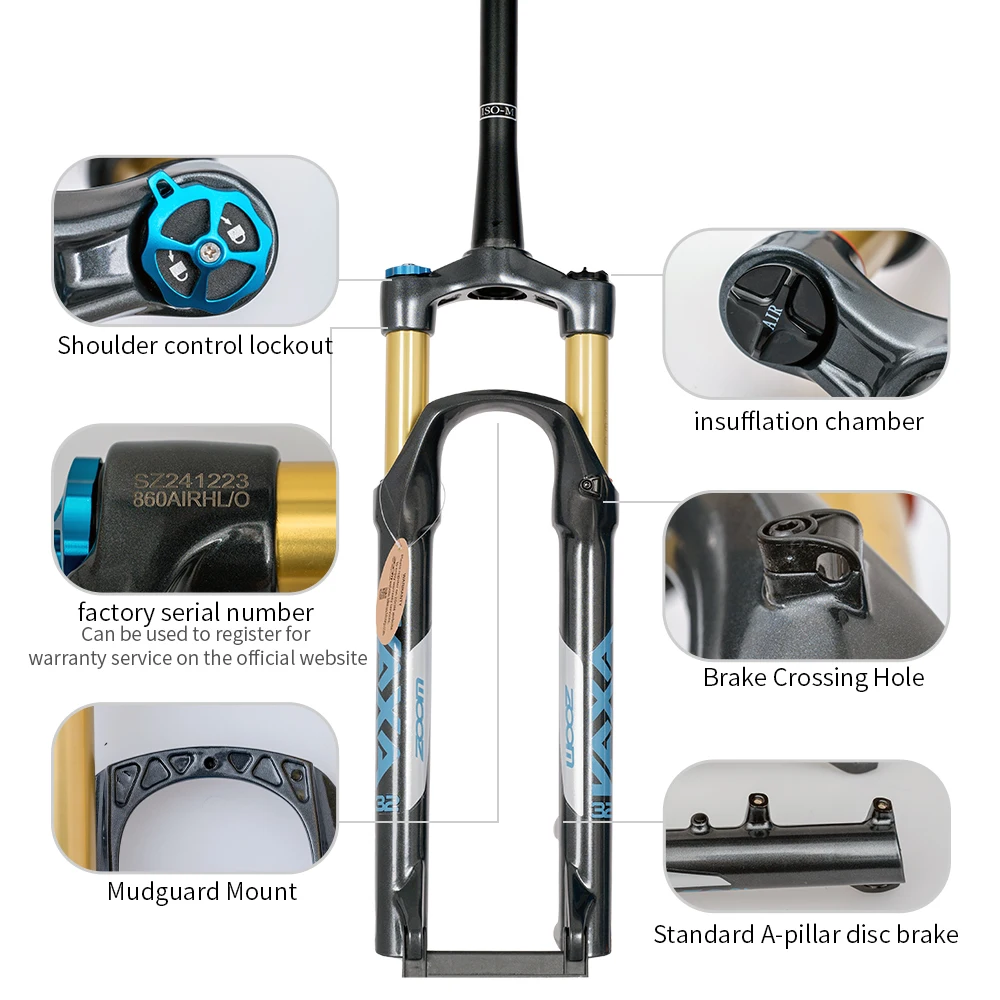 ZOOM Mountain Bike Air Front Fork 27.5/29 inch Shoulder Control Lockout Aluminum Alloy Quick Release Shock Gold Tube Forks