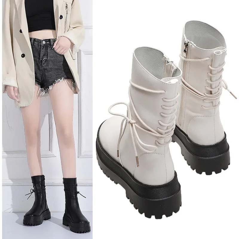 Women Boots 2021 New Leather Thick-soled 6 Boots Women\'s Short Boots Side Zipper Rider Boots Back Lace Mid-tube Boots