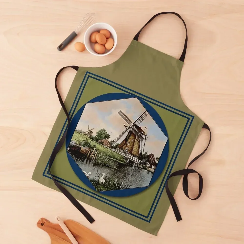 

DUTCH BLUE DELFT : Vintage Colorful Windmills and Ducks on River Print Apron bib Costume Waiter Apron