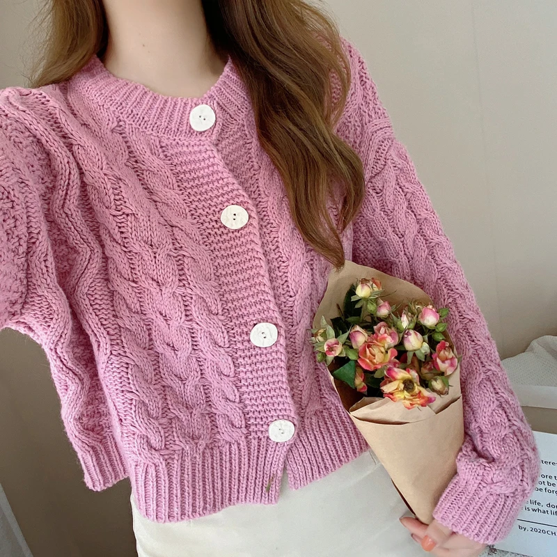 Twist Strickjacke Frauen Mode Lose Langarm Rosa Chic Tops Süße Tasten Feste Beiläufige Hübscher Stil Koreanische Jumper