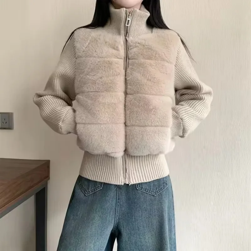 Women Stand-up Collar Short Coat Faux Fur Patchwork Drawstring Waist Zipper Outwear Fall Winter Thick Warm Casual Quilted Jacket