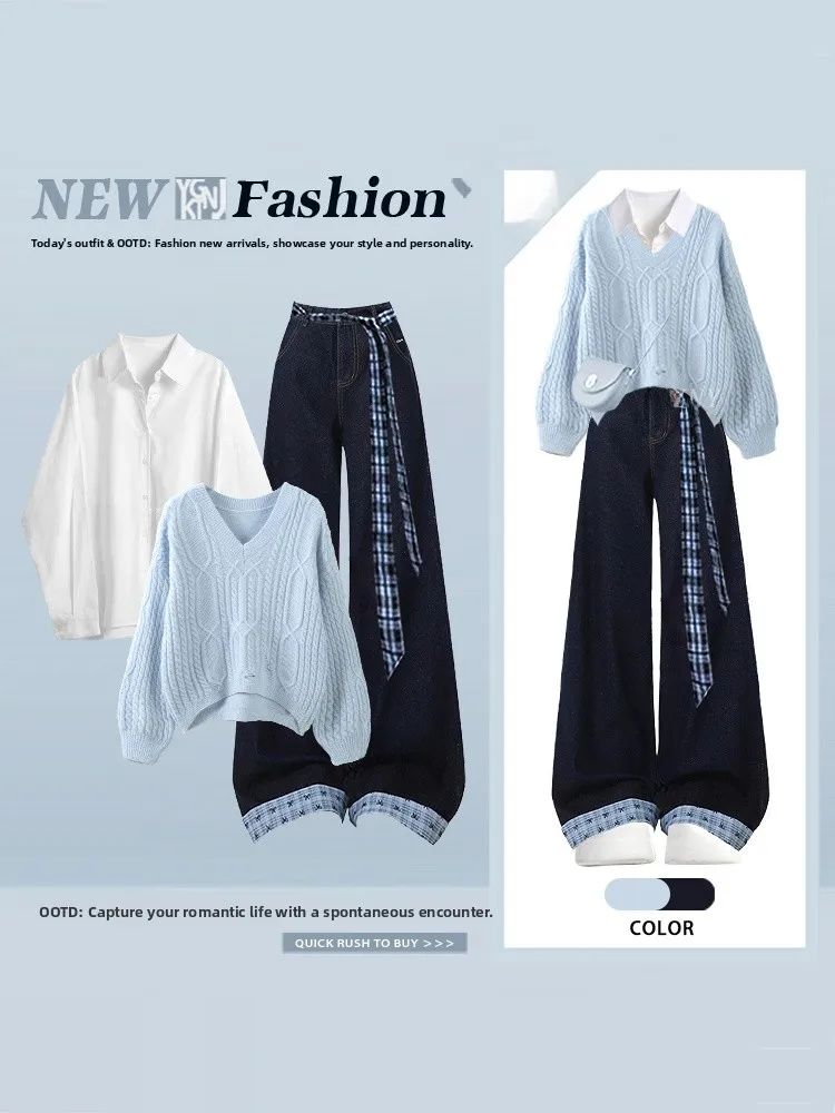 

College Style Knitted Sweater And Wide Leg Jeans Set Women's Winter Anti Aging Loose Feel Two Piece Set High Waist Trousers