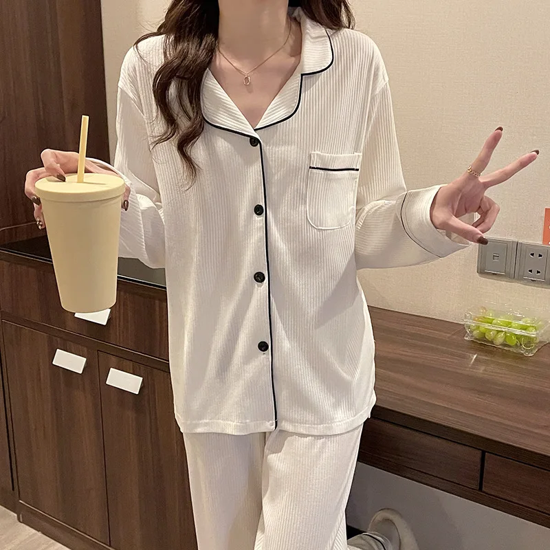 New Casual Sleepwear Pyjamas Women Black White Autumn Winter Home Clothes Long Sleeve Female Nightwear Pajamas Set M-3XL