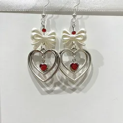 Lindos pendientes de cuentas con lazo de corazón rojo kawaii Y2K hechos a mano