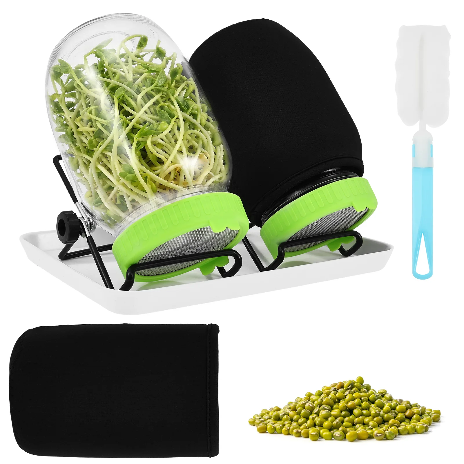 1 Set Seed Sprouting Jar Kit Wide Mouth Mason Jar Seed Germination Kit with Light Blocking Sleeve and Tray Glass Sprouting Jars