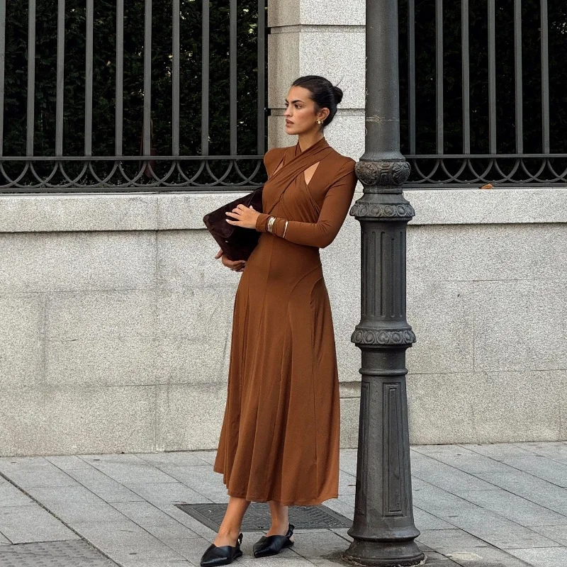 

Elegant Brown Halter Fold Long Sleeve Bodycon A Line Formal Dress Women 2025 Evening Party Sexy Fashion Luxury Birthday Dresses