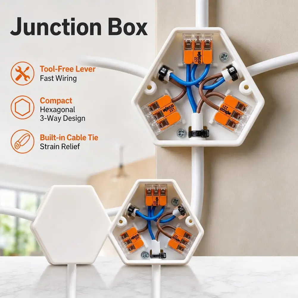 3-Way Junction Box Tool White ABS Compact Wall Mount Small Cable Storage Organizer