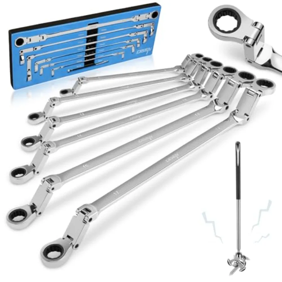 

Double Jointed Extra Long Flex Head Ratchet Wrench Set 6 PCS Metric 8-19mm Box End Ratcheting Wrench with a Magnetic Pickup Too