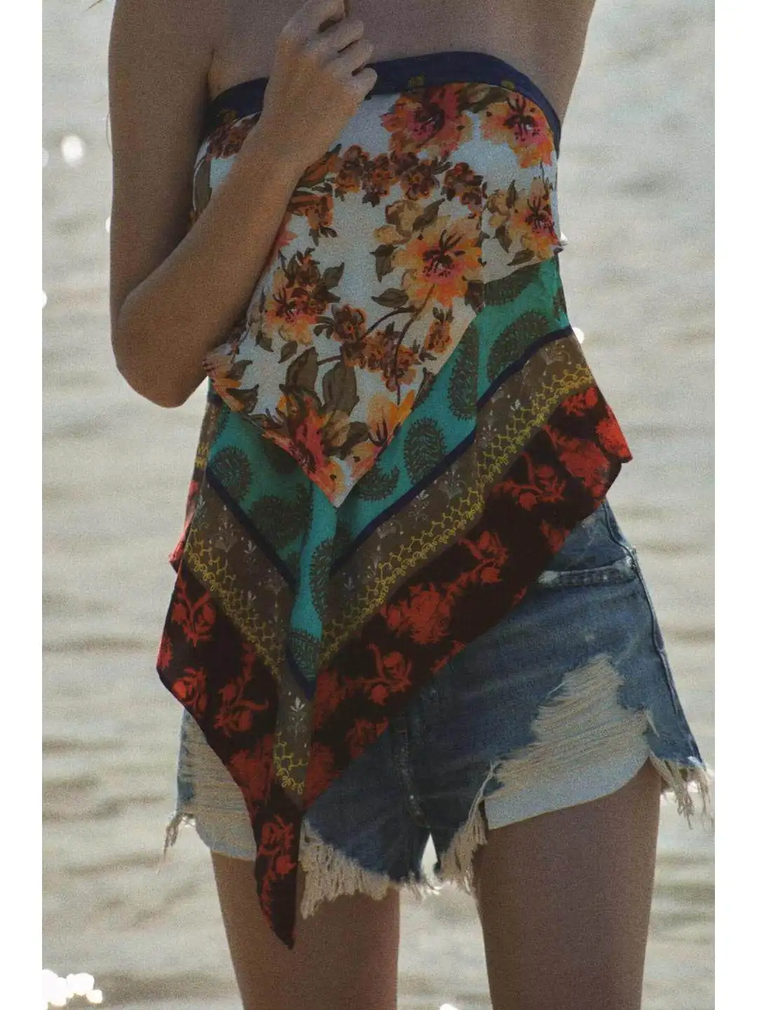 Summer Beach Vacation Style Sweet Double Layer  Knot Buckle Print Wrap Top Women's Tube Tops  Knot Design