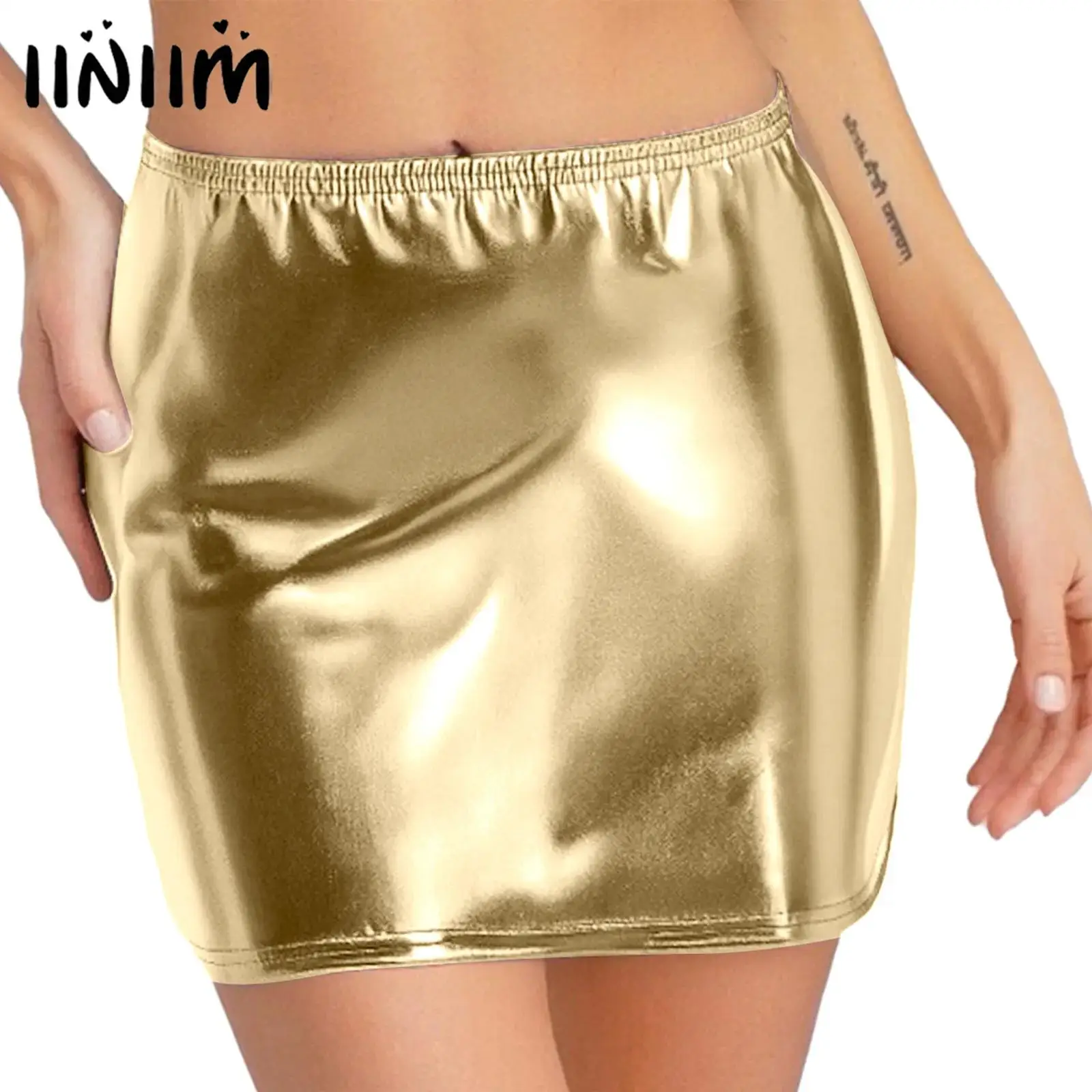 

Womens Metallic Shiny Sexy Club Bodycon Short Skirt Elastic Waistband Sheath Miniskirt for Pole Dancing Rave Party Raves Costume