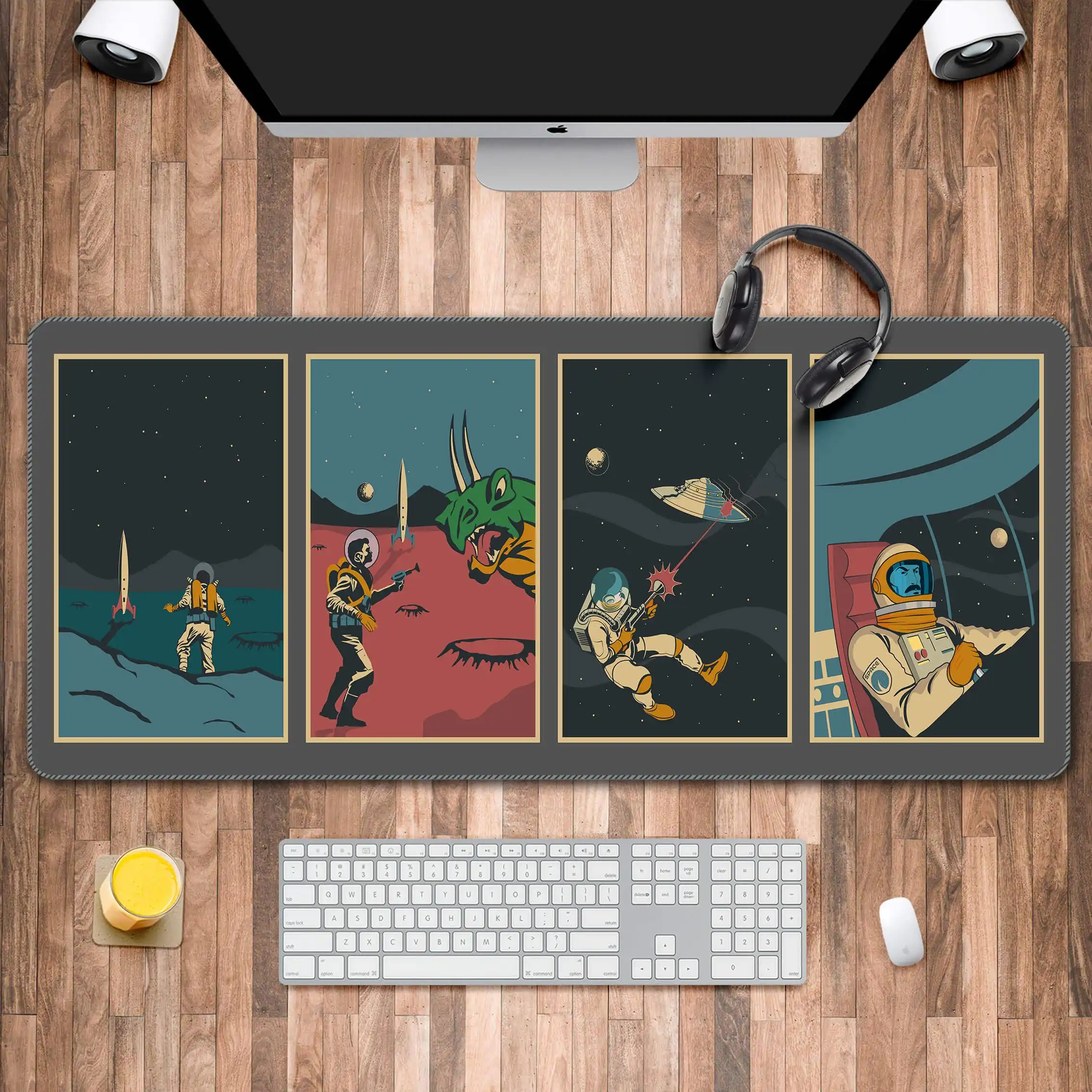 Retro Future Poster Style Pad with , Sci Fi Comic Book Comic Desk Mat, Extended XL Mousepad with Anti-Slip Base, Space, UFO