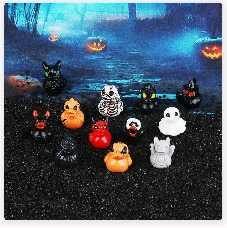 12 piezas/set de miniaturas de patos y fantasmas de resina para Halloween, figuras en volumen para decoración de jardines, micro paisajes de hadas y proyectos de bricolaje en el hogar.
