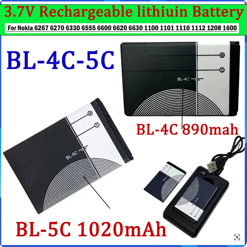 

BL 4C 5C Battery 3.7V 1020mAh Rechargeable Li Ion Batteries BL5C for Nokia 2600 1100 1110 1112 2610 6230 6630 Mobile Phone BL-5C