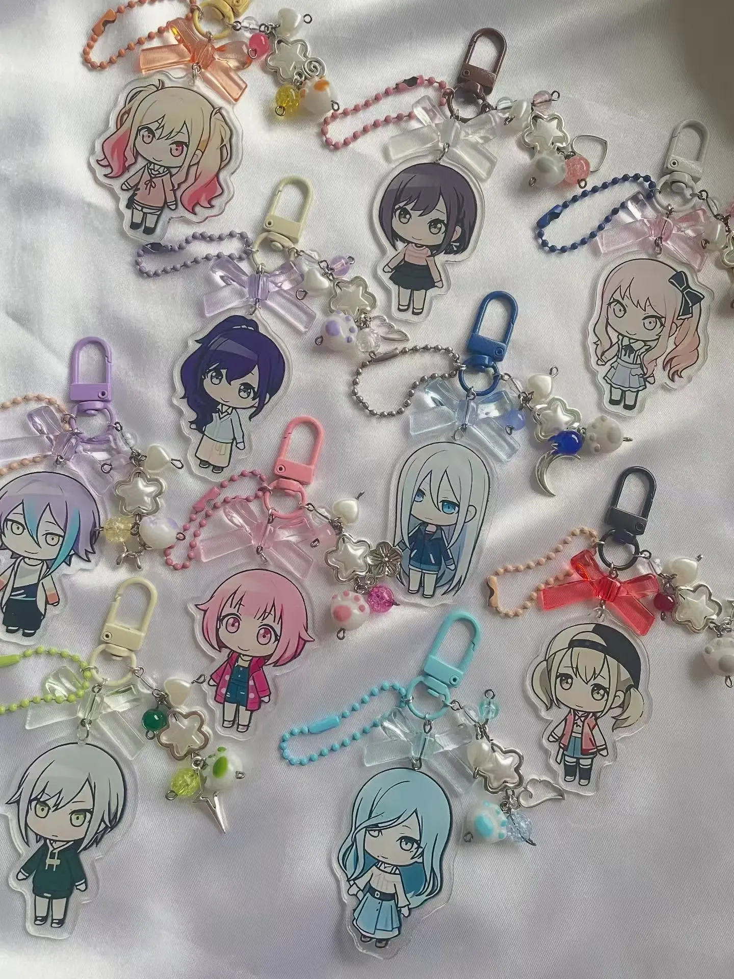 Handmade Project Sekai Acrylic Charm Beaded Bow Star Keychain Breloczk Llavero Kawaii Anime Bag Pendant
