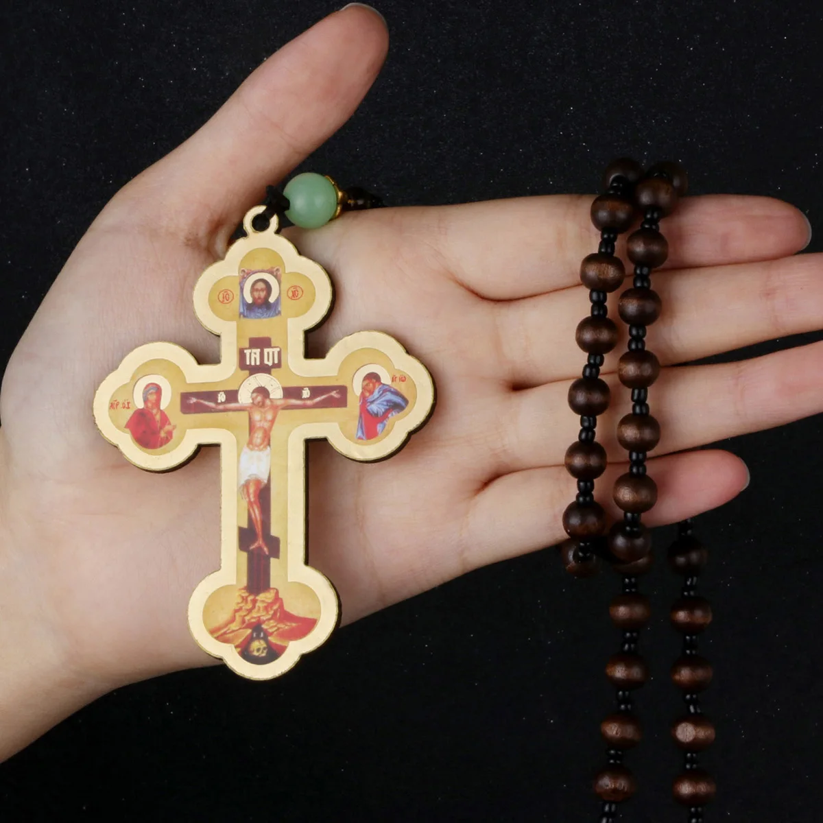 Diyalo Orthodox Crucifix Jesus Christ Icons Beads Chain Necklace Wooden Cross Pendant Necklace Car Hanging Decor Jewelry Gift