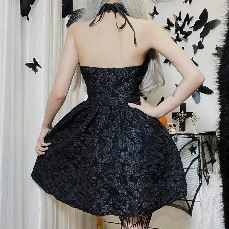 loween Cross Strap k Gothic Puffy Skirt Ne Hanging Dr High Waist Knitted Fabric Date Night ort Dr without Sve