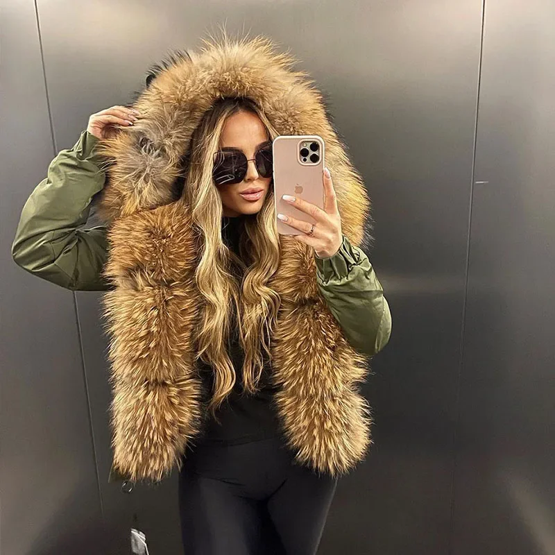 MAOMAOKONG Fashion Short Women Natural Real Fox Fur Raccoon Fur Collar Winter Parka Bomber Jacket Waterproof Coat Cotton-padded