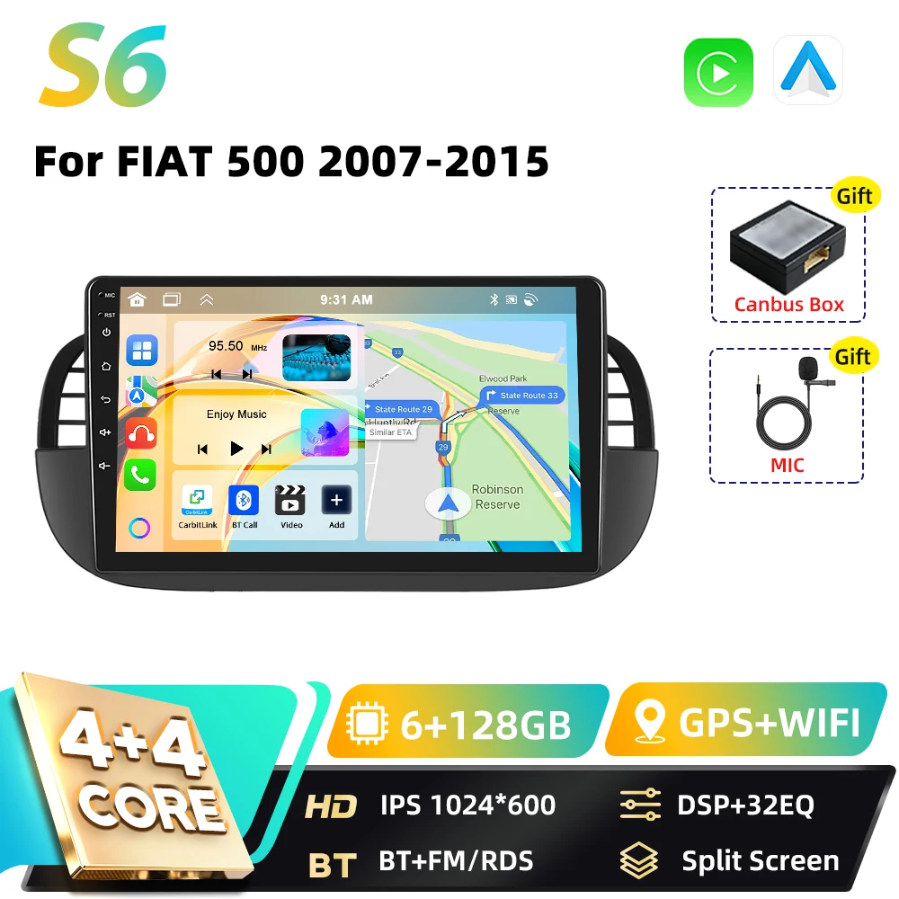 Podofo Qualcomm 8-Core Carplay 2DIN Android Auto Multimedia Speler Voor FIAT 500 2007 2008-2015 GPS Navigatie DSP WIFI FM RDS BT - afbeelding 1