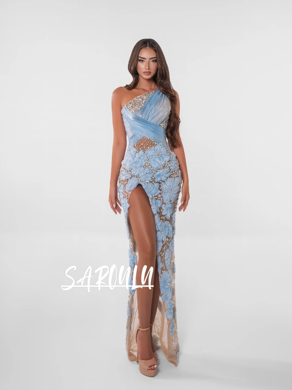 Blue Ruched One Shoulder Evening Dress Floral Sexy High Slit Straight Prom Cocktail Gown Customized Shiny Beaded Wedding Guest
