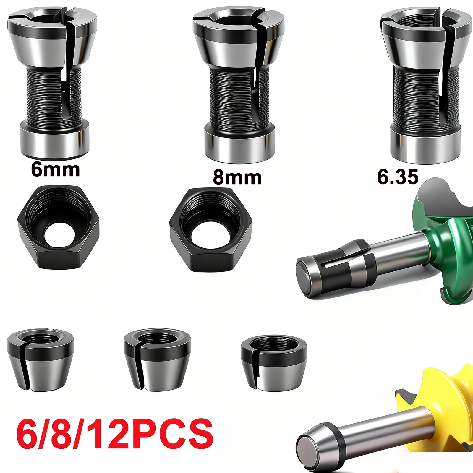 6/8/12pcs Router Collet Chuck 6mm 6.35mm 8mm High Precision Trimmer Collet Adapter for Woodworking CNC Engraving Trimming Carvin