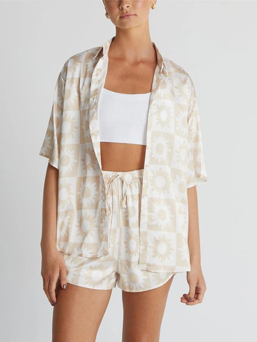 Marthaqiqi Casual Printing Ladies Nightwear Set Turn-Down Collar Nightie Long Sleeve Sleepwear Shorts Loose Pajamas 2 Piece Suit