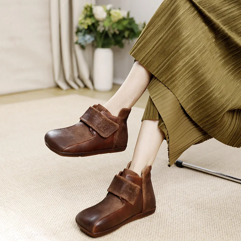 GKTINOO 2024 Autumn Winter New Retro Genuine Leather Shoes Women Flat Short Boots Handmade Round Toe Solid Color Ankle Boots