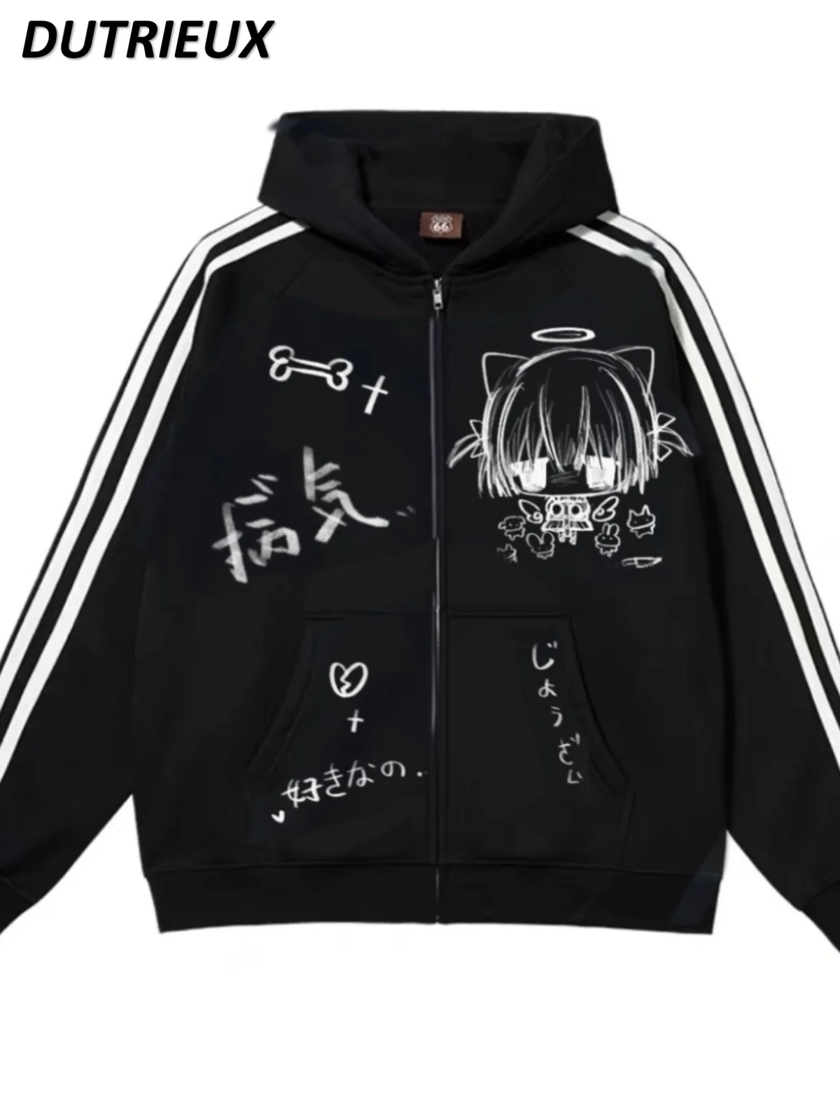 Original Japanese Graffiti Print Spring and Autumn Zipper Jacket Sub-sweet Girls Student Hooded Cotton Cardigan Sweatshirt