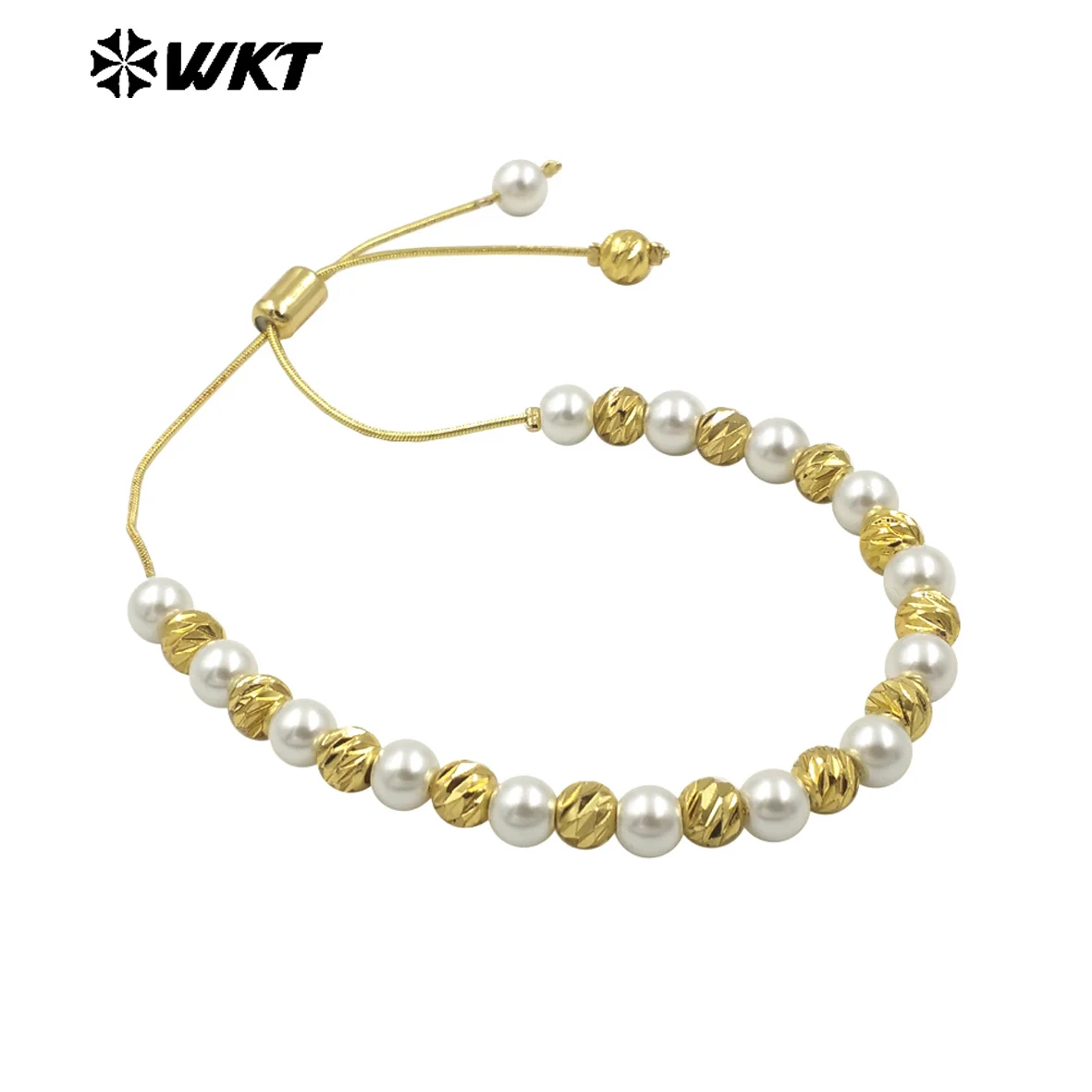 WT-JF352 Wholesale Fashion 18K Gold Plated Pearl And Hammer Beads Hand strand Chain Bracelet 10PCS