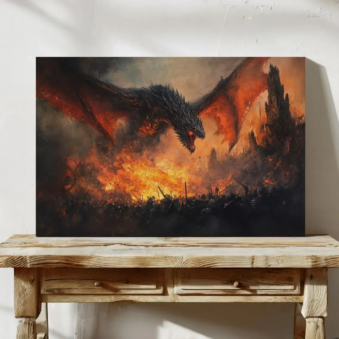 Epic Dragon Battle Canvas Wall Art | Dark Fantasy Fire Breathing Dragon Painting | Medieval War Fantasy Decor | Game Room Poster