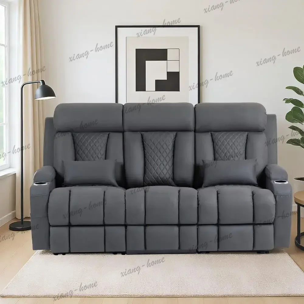 lsHugger Power Reclining Sofa with Manual Adjustable Headrest, 80 3Seater Couch with FlipDown Table, Integrated Charging, USB am
