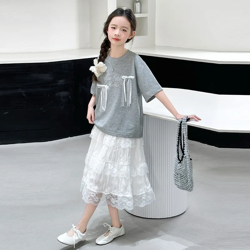 

T-shirt + Lace Skirt 2Pcs Kids Short Sleeve Outfits Teenager Children Clothes Suits Girls Clothing Set 2025 Summer Sweet Bow