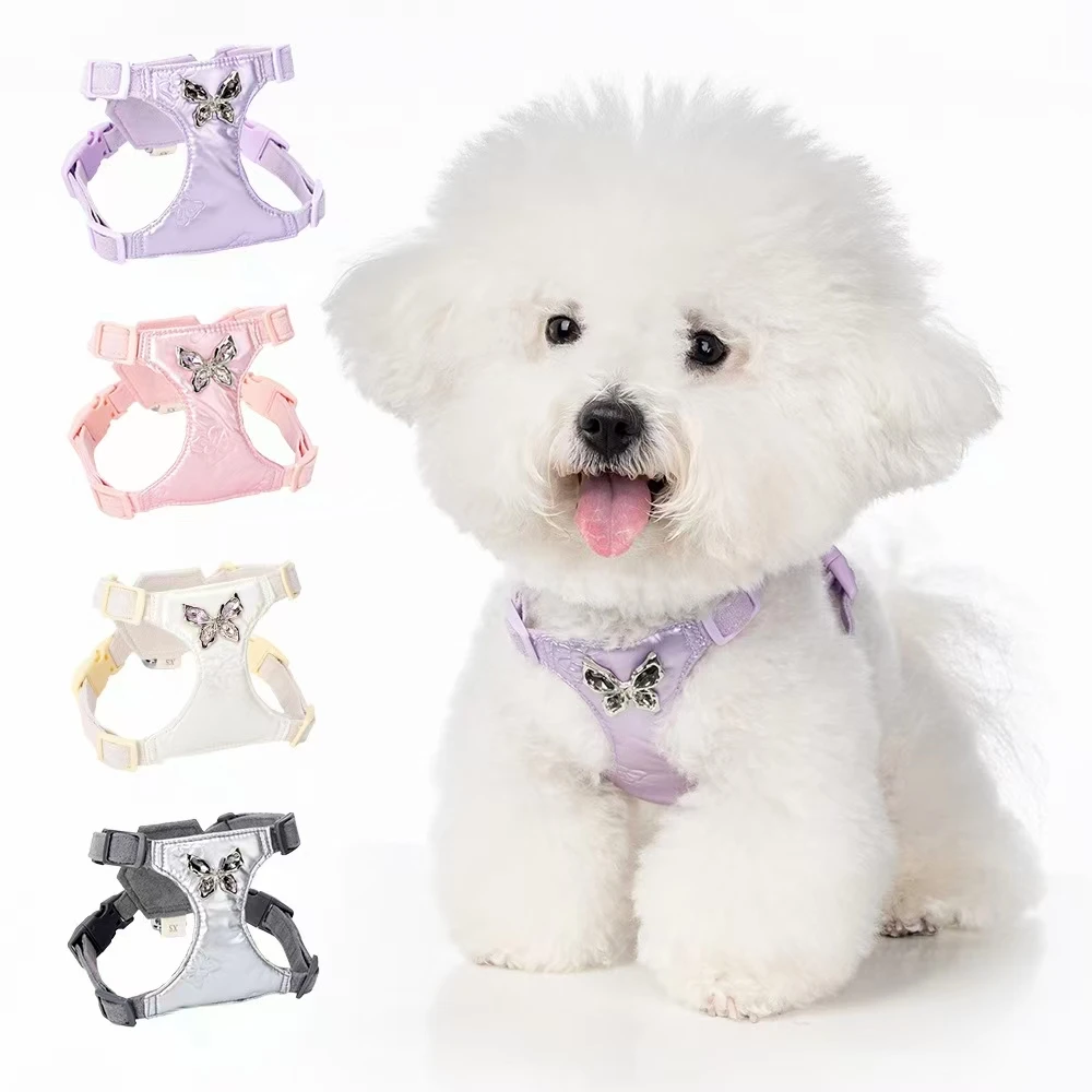 Solid Butterfly Rhinestone Dog Harness, Escape Proof, Lightweight Waterproof Comfortable Pet Vest Harness for Cute Small Dogs