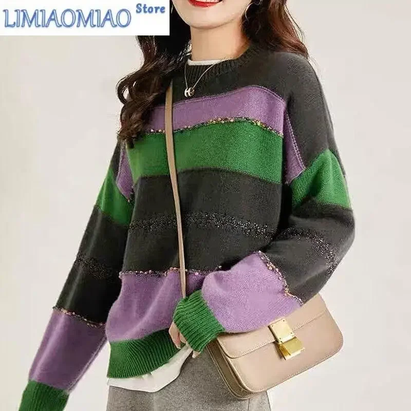 الخريف والشتاء الموضة النسخة الكورية تقسم الملونة مخطط الجولة الرقبة فضفاضة ومتعددة الاستخدامات المرأة الغربية محبوك سترة